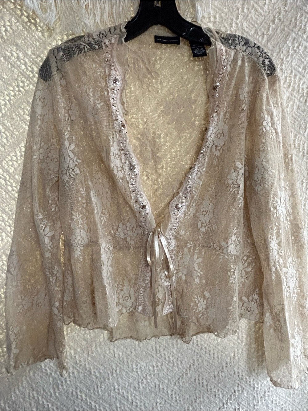 New York & Company Sheer Lace Tie-Front Top in Champagne Beige - Picture 5 of 5